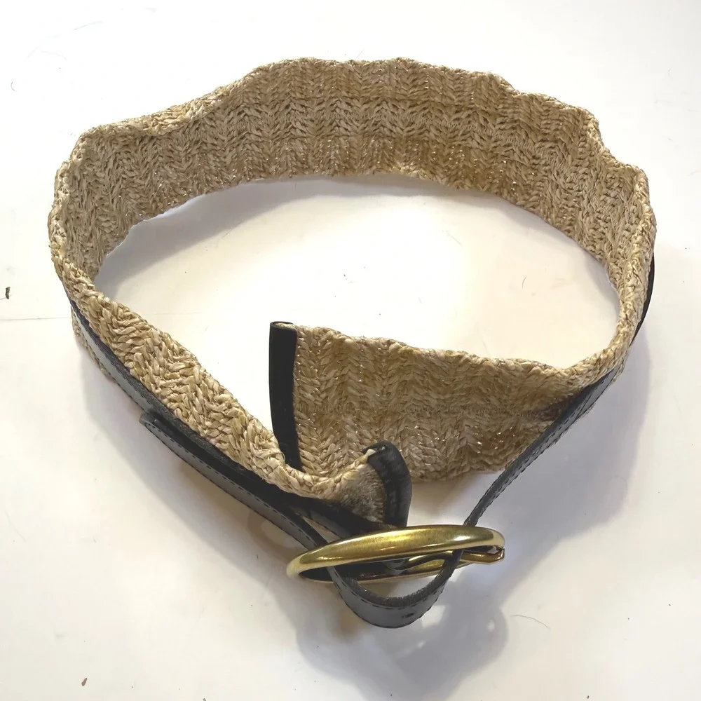 Unbranded Wide Woven Straw Raffia Leather Waist Belt Black Tan Brass Buckle 3in